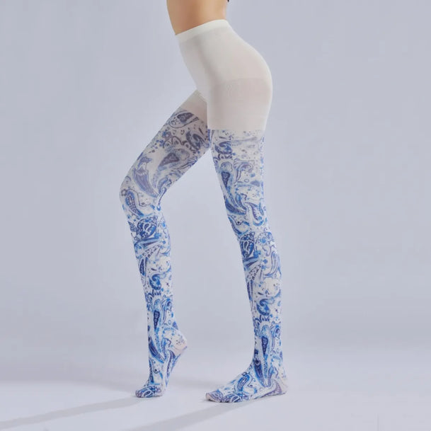 Blue Paisley Print Tights