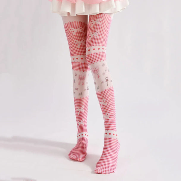 Pink Plaid Bow Anime Tights