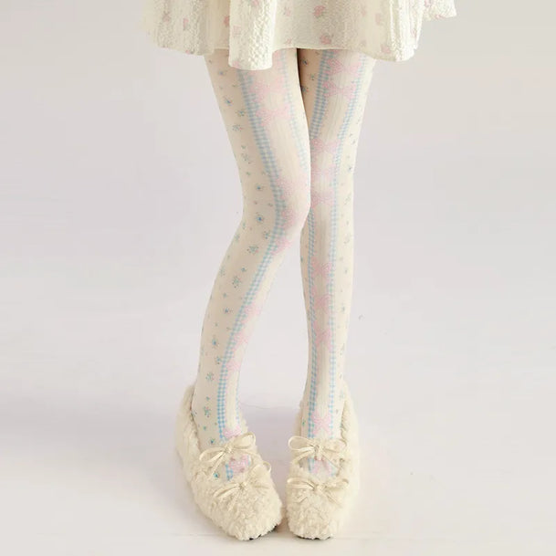 Pink Bow Lolita Print Tights