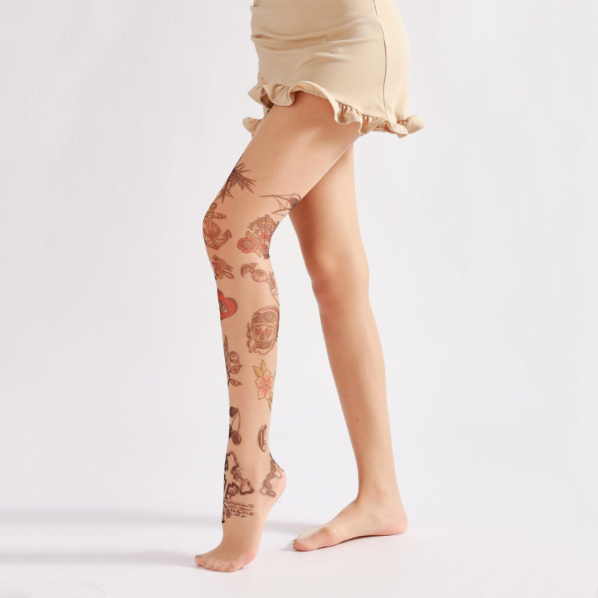 Tattoo Print Sheer Nude Tights