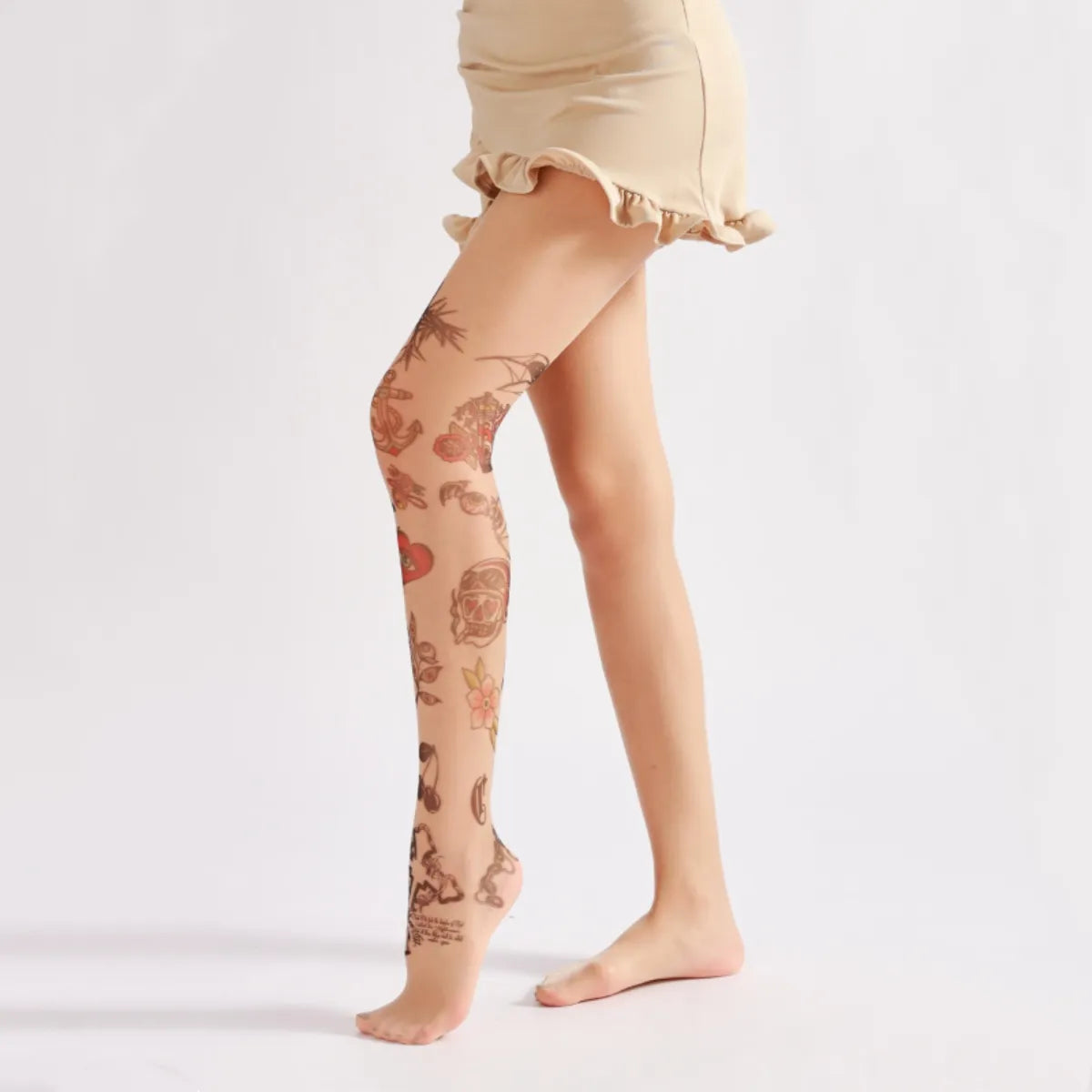 Tattoo Print Sheer Nude Tights