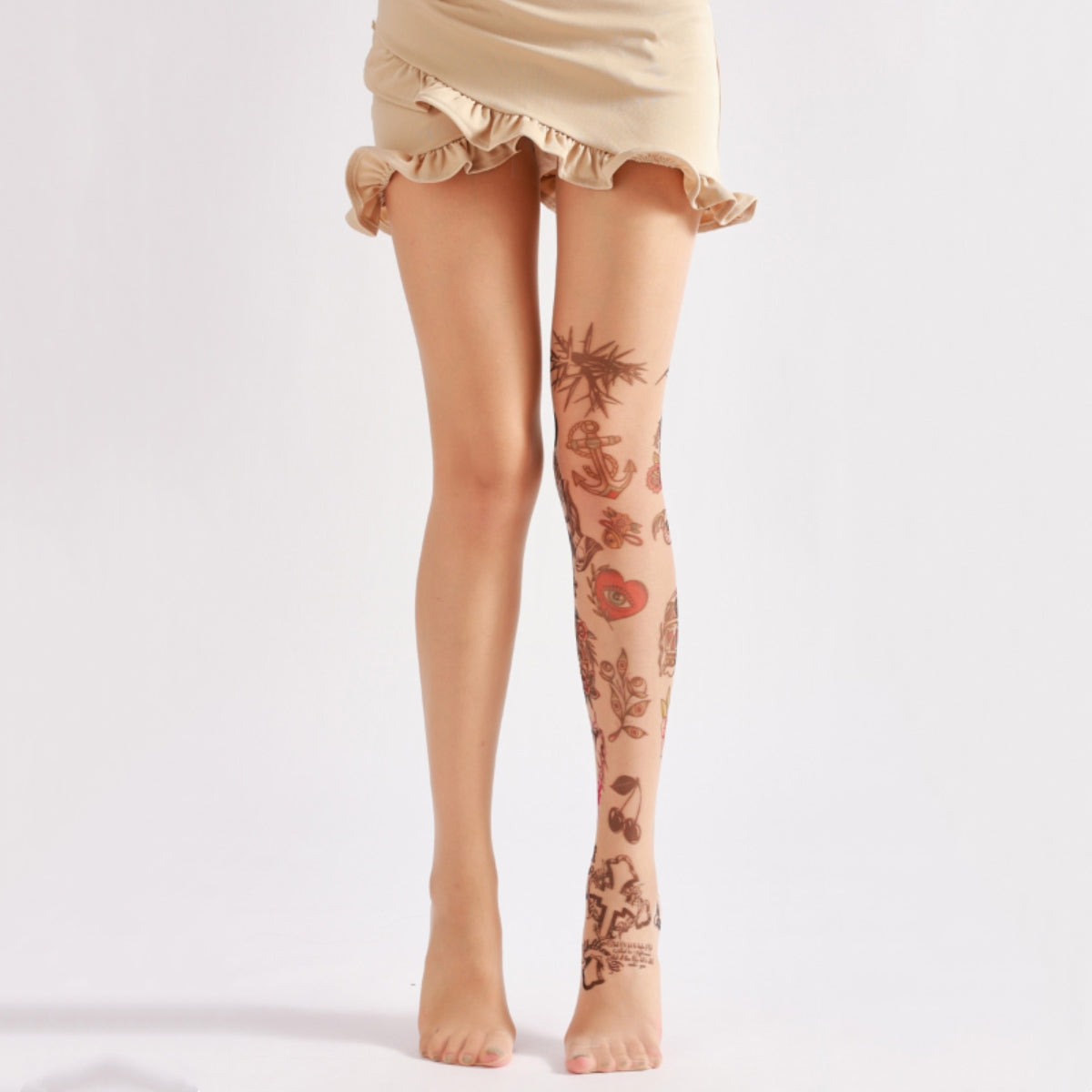 Tattoo Print Sheer Nude Tights