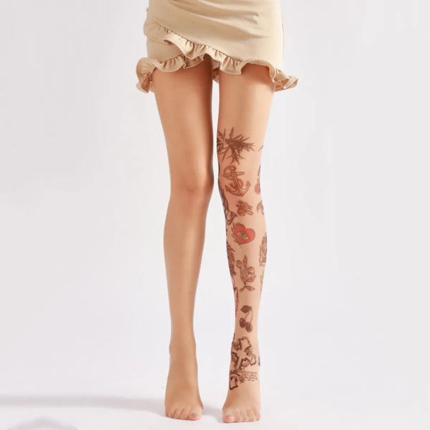 Tattoo Print Sheer Nude Tights