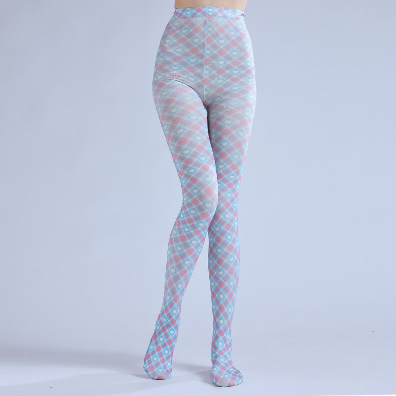 Retro Plaid Heart Patchwork Tights