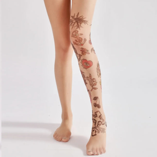 Tattoo Print Sheer Nude Tights