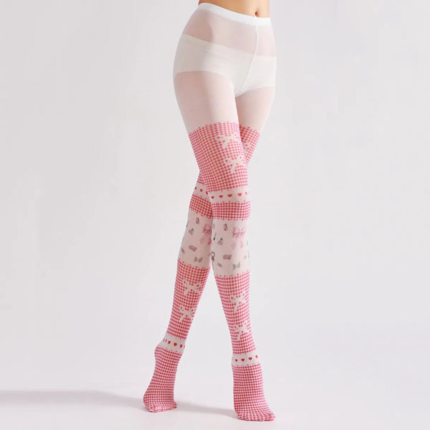 Pink Plaid Bow Anime Tights