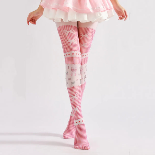 Pink Plaid Bow Anime Tights