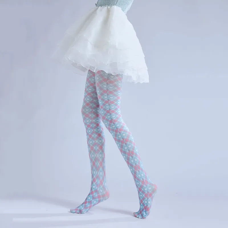 Retro Plaid Heart Patchwork Tights
