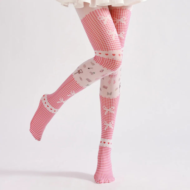 Pink Plaid Bow Anime Tights